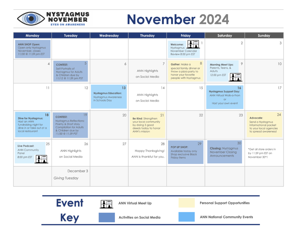 Calendar of events celebrating Nystagmus November.